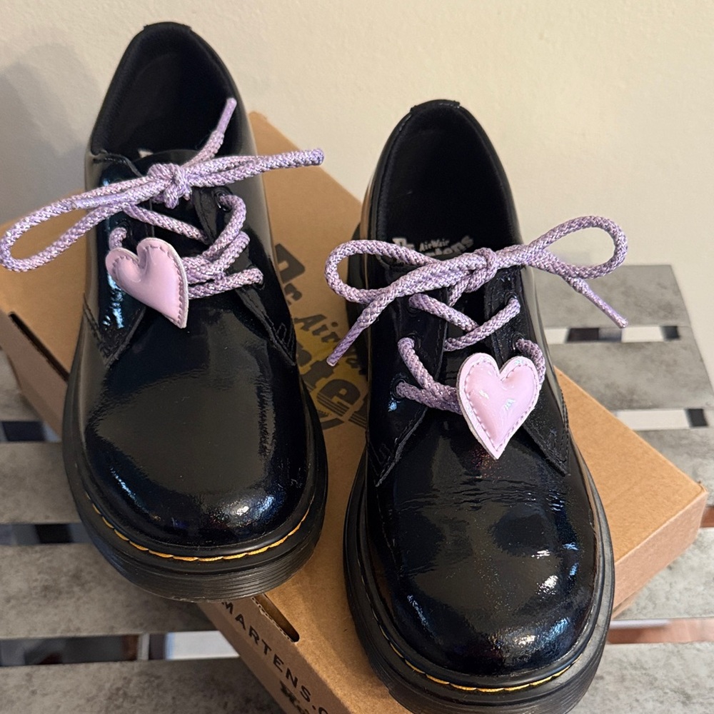 Dr. Martens Black Kids Shoes with Pink Hearts and Purple Laces
